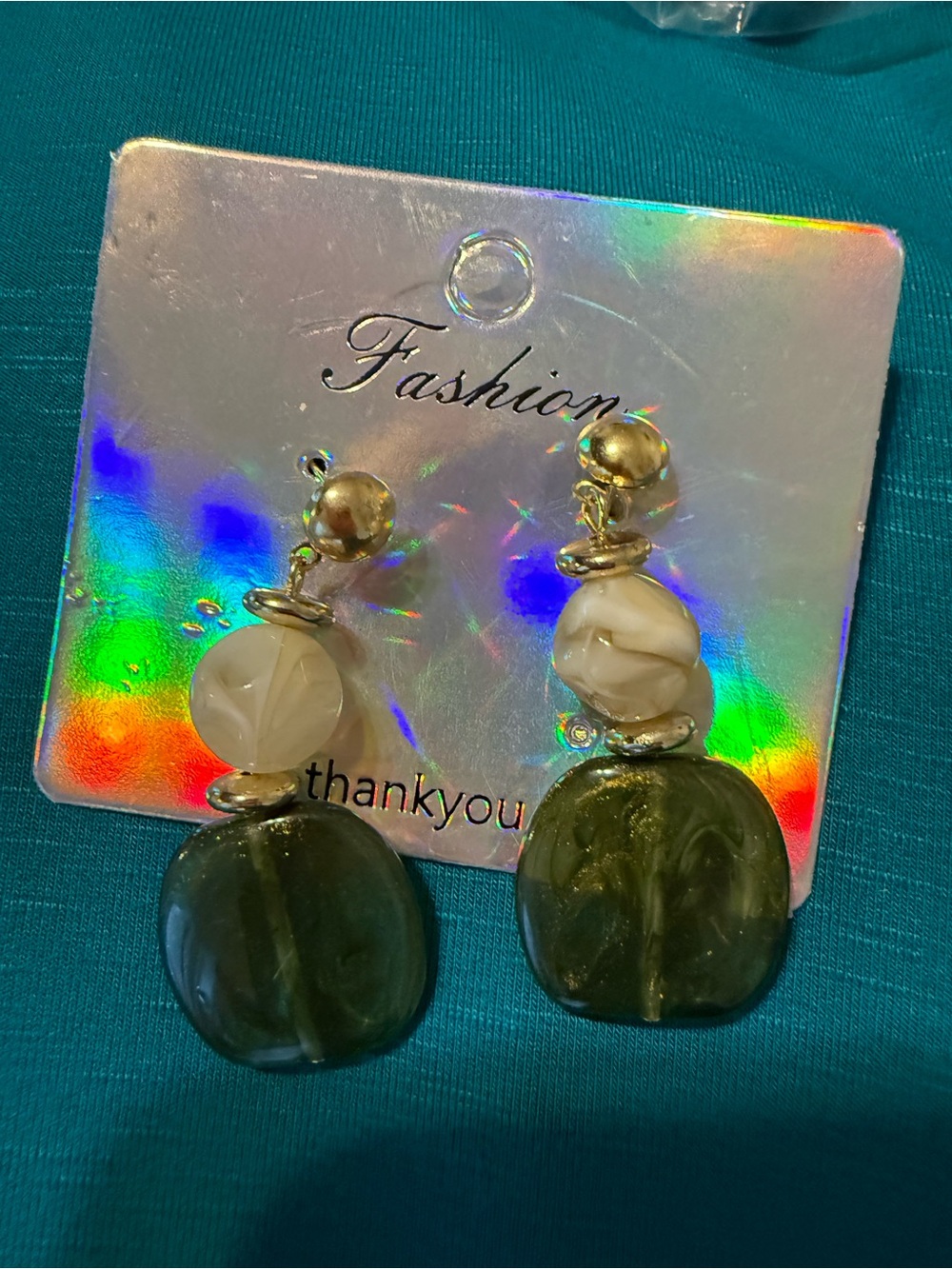 Source Unknown Green and Cream Drop Earrings with Gold Accents